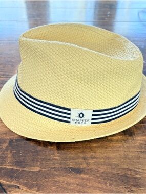 Snapper Rock Beige Straw Fedora Kids Size M/L with Navy & White Stripe Band